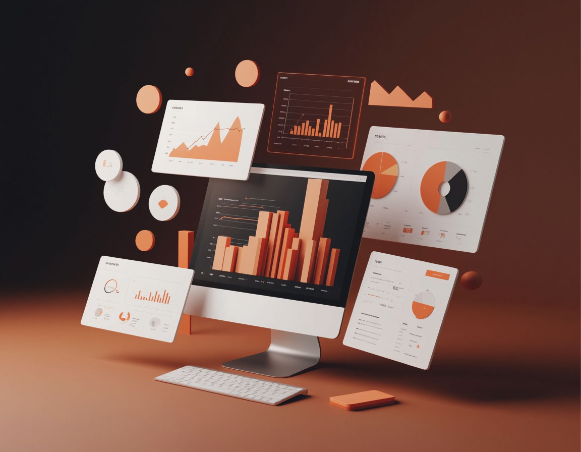 A computer screen with bright orange analytical graphs and diagrams illustrating modern business intelligence marketing tools.