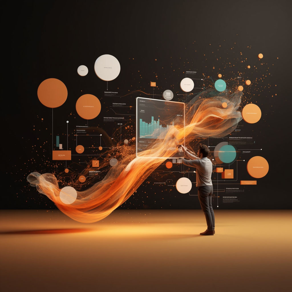 User interacting with website elements, abstract analytics floating around.”