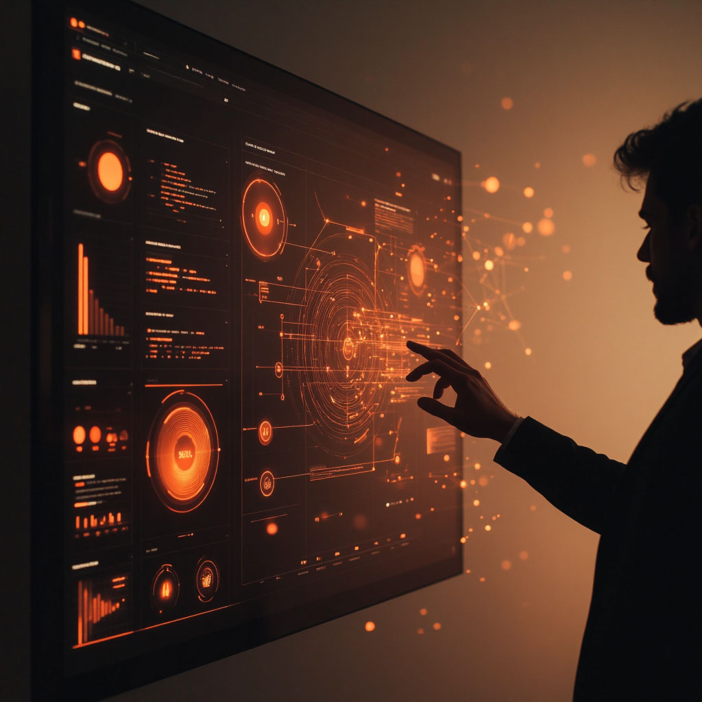 A futuristic analytical panel that visually presents the research results, with which the analyst of the SEO agency interacts.